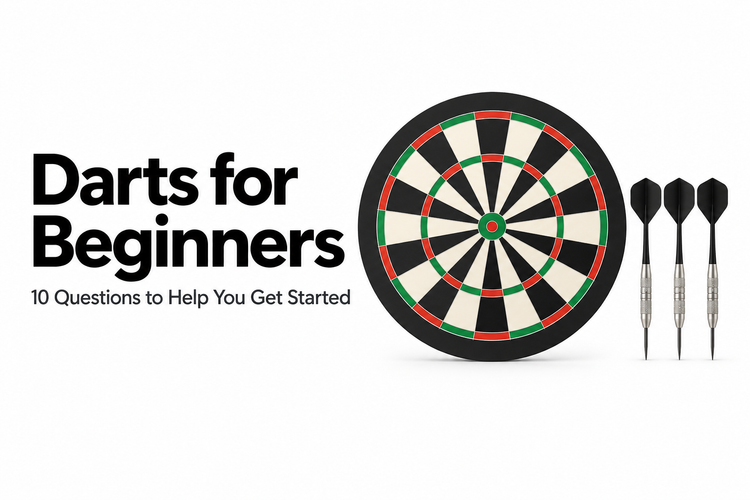 Darts for Beginners: 10 Questions to Help You Get Started, with a minimalist dartboard and three darts.